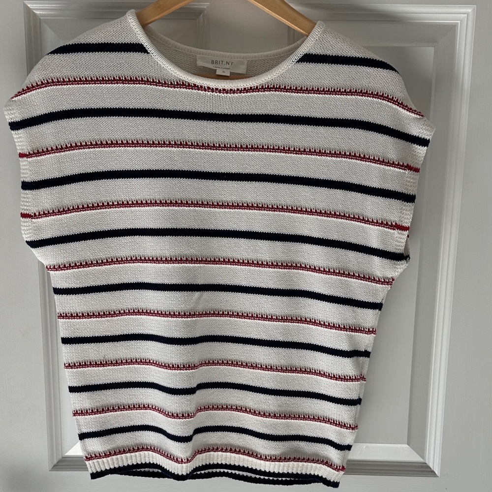Women's Striped Crew Neck Sweater, Capped Sleeve- Red, White and Blue Size Small